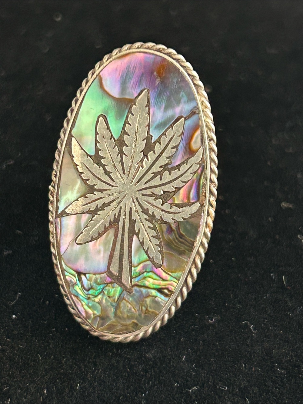 Vintage Taxco Mexico Sterling Silver Cannabis Inlay Abalone Ring Size 8.25
